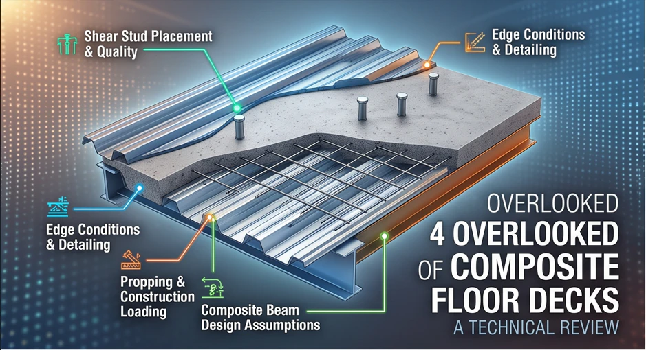 Deck slab anatomy: profiled sheeting, shear studs, wire mesh and supporting steel beam.