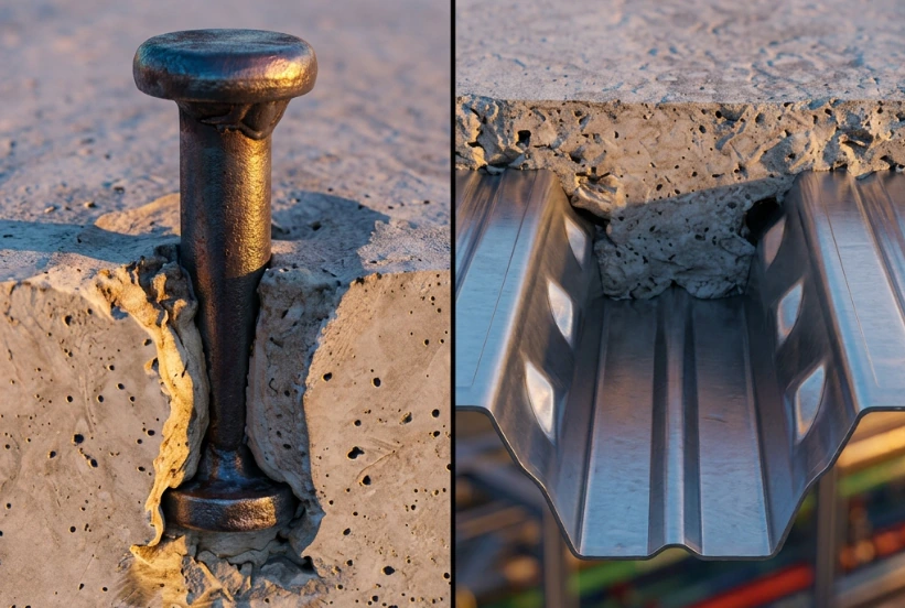 The two shear-transfer mechanisms: headed shear stud (left) and mechanical embossment interlock (right).