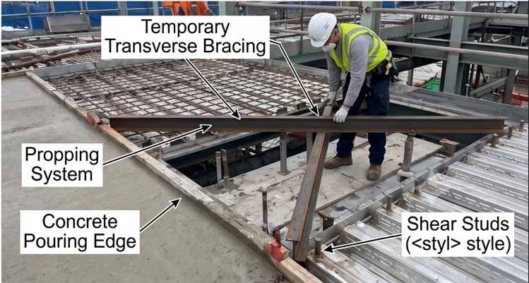 Construction stage: temporary horizontal bracing, propping system and concrete pouring edge.