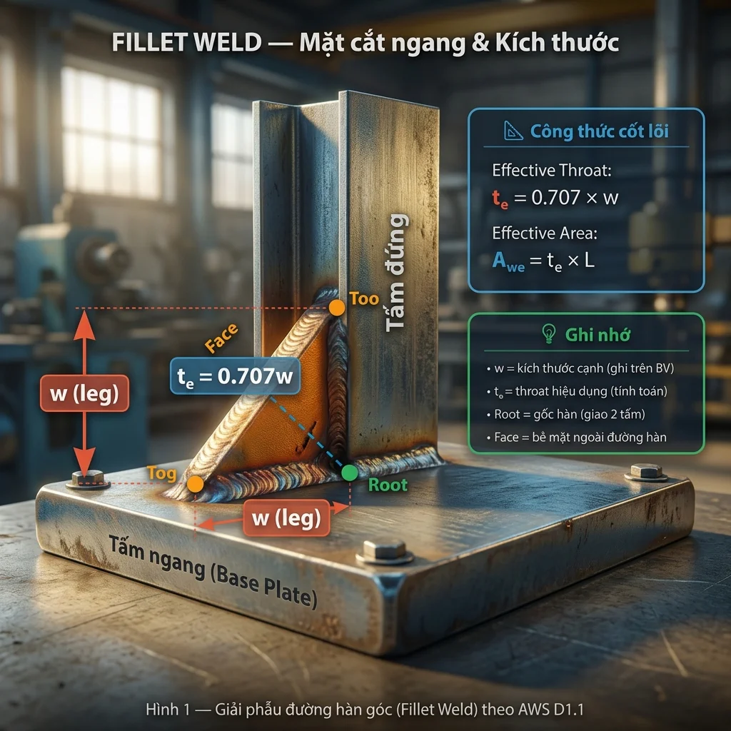 Figure 1. Fillet weld anatomy — leg size versus effective throat.