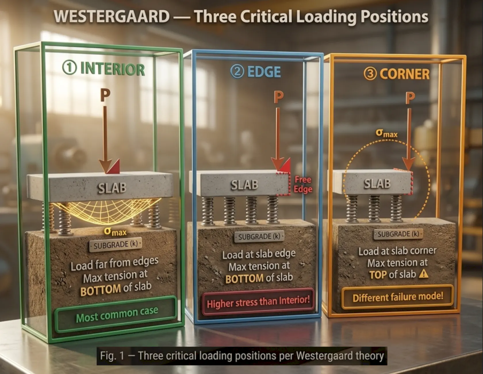 Figure 1. Westergaard's three loading positions: interior, edge and corner.
