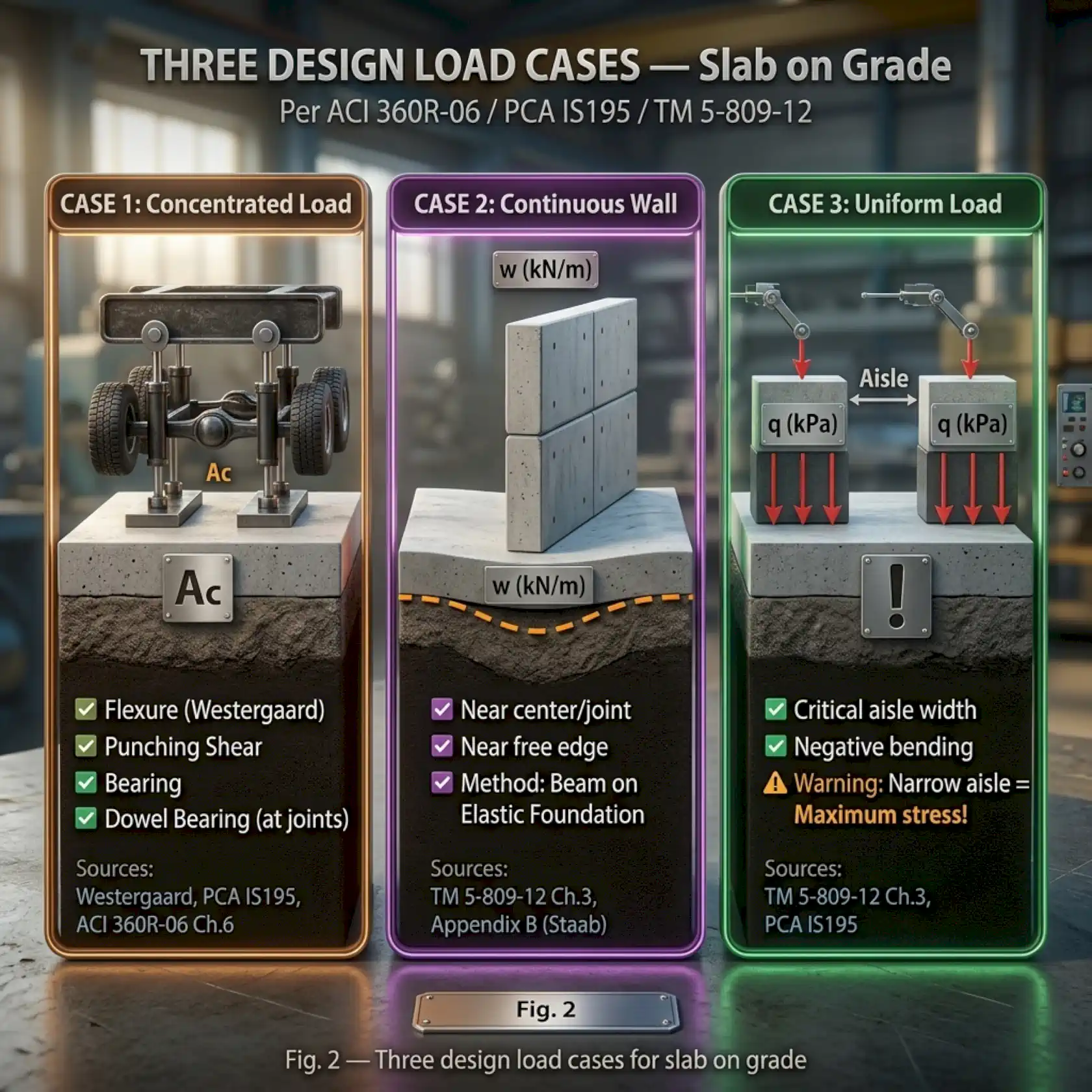 Figure 2. The three design load cases: concentrated, continuous wall and uniform load.