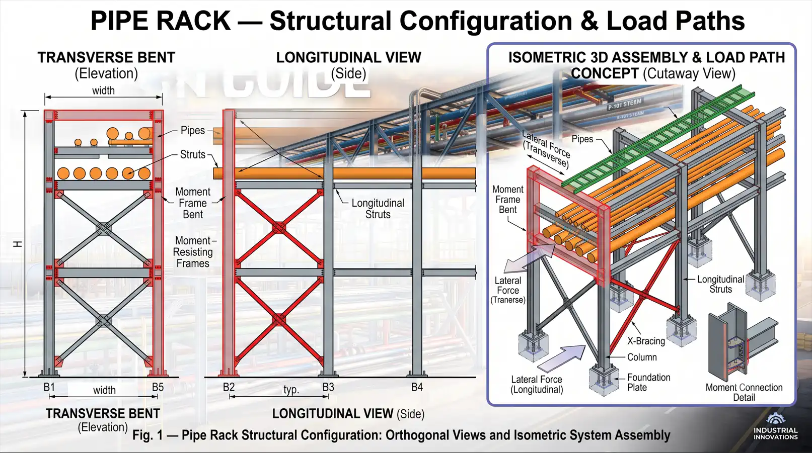 Figure 1. Pipe rack structural system: transverse bent + longitudinal bracing.