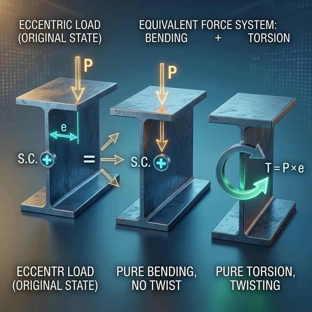 Figure 3. Eccentric load = pure bending through the shear center + pure torsion.
