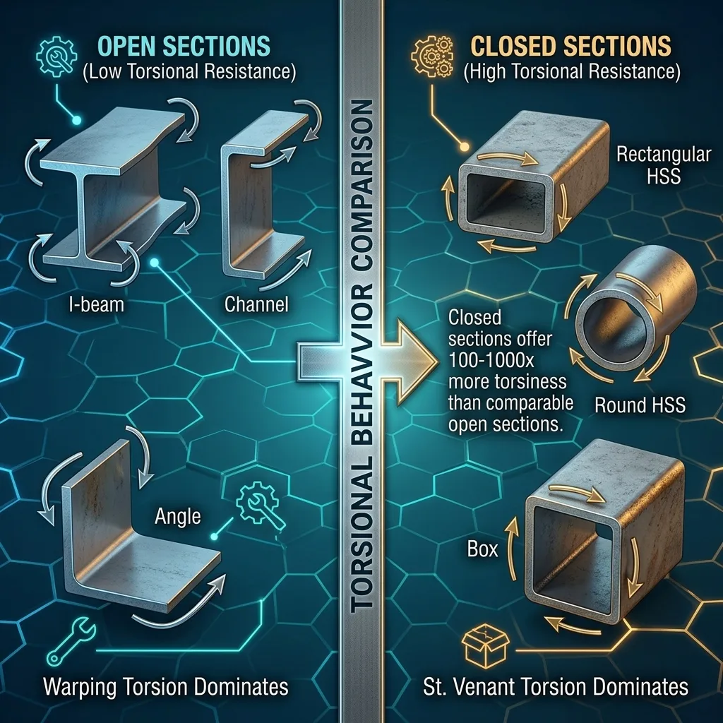 Figure 1. Torsional behaviour compared — open versus closed sections.