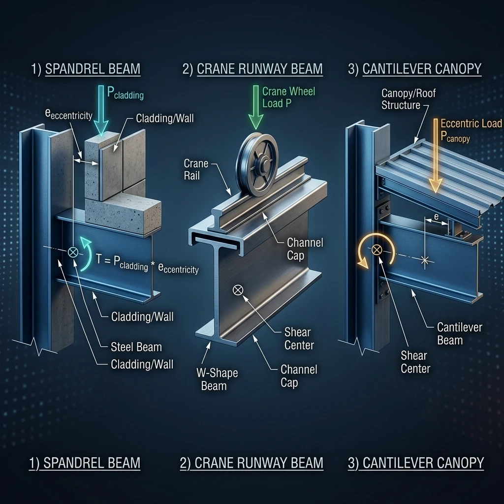 Figure 4. Common sources of torsion in steel structures.