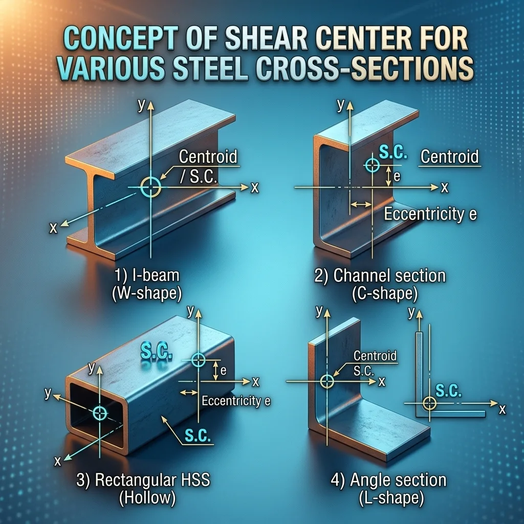Figure 2. Shear center locations for common cross-section types.